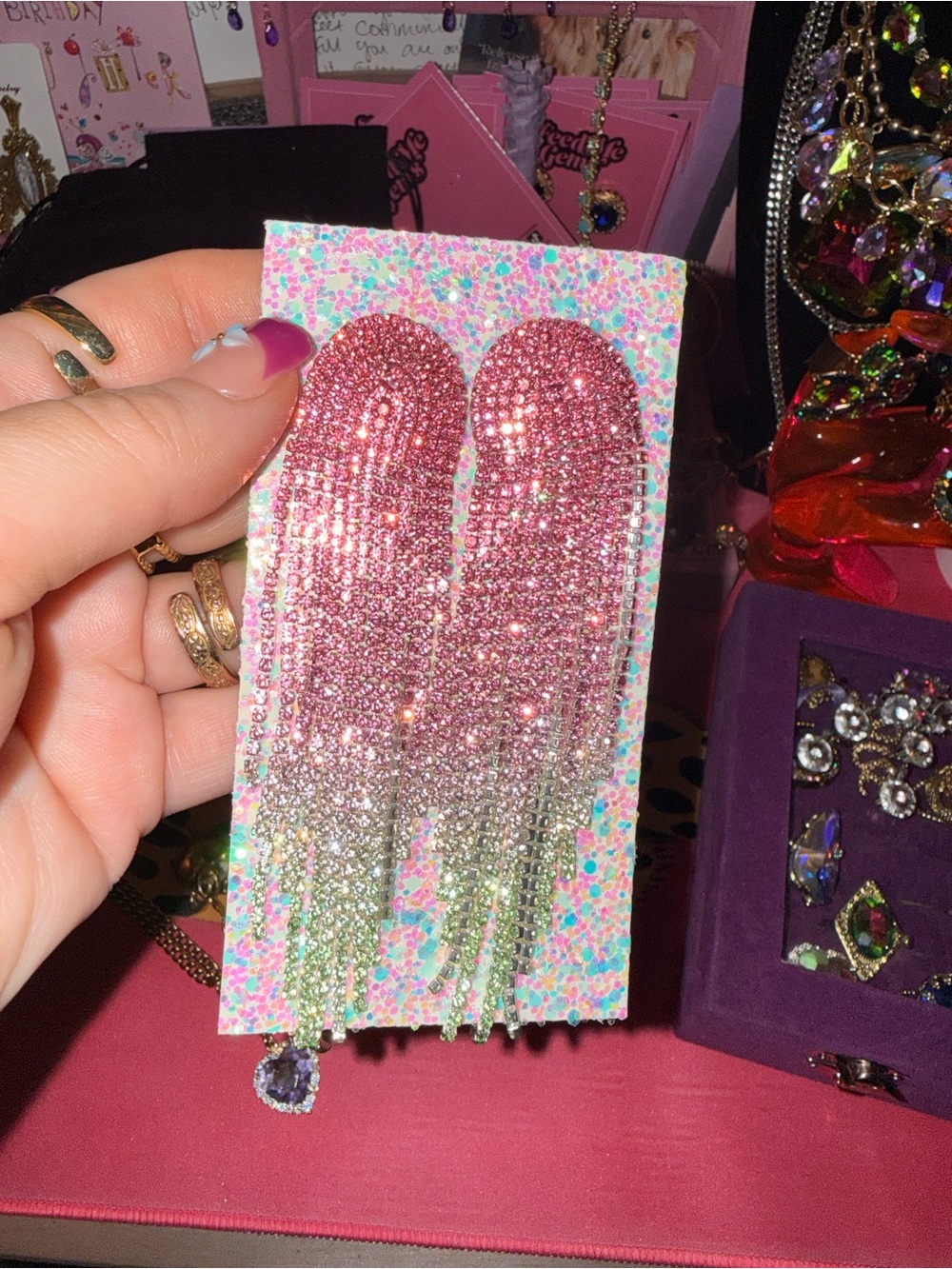 “Wicked” Watermelon Sugar Sparkling Pink to Green Ombre Fringe Crystal Earrings